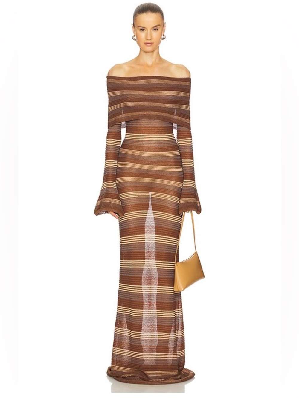 Aya Muse Zibal Dress XS Brown Striped Linen Knit Off Shoulder Maxi NWT $875